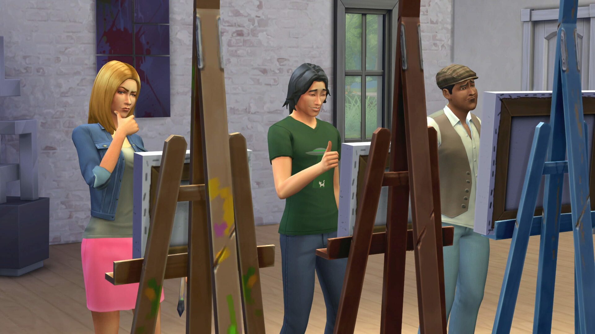 Sims2 characters standing next to a painting board